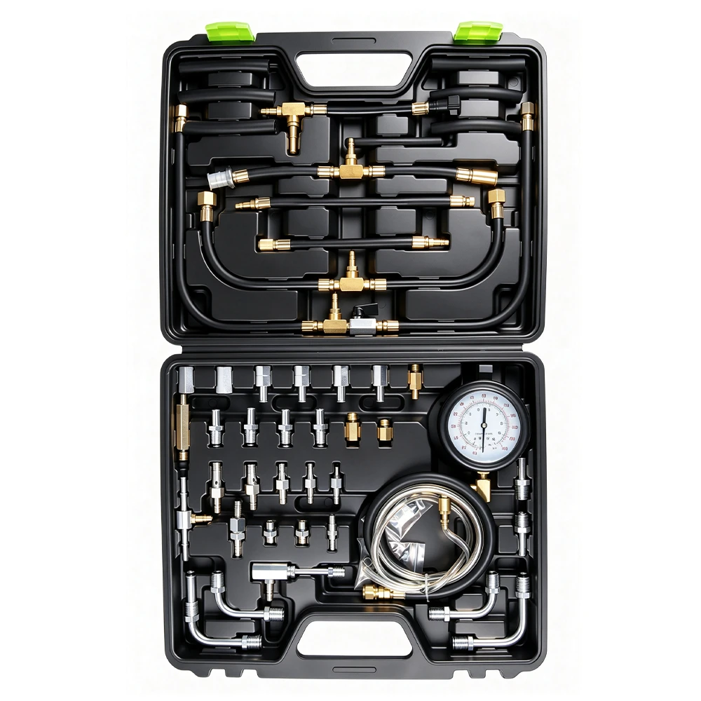 Fuel Injection Pressure Tester Kit for EFI Fuel System Diagnosis 2 Open VIKTEC TU-443 multifunction fuel and oil pressure tester kit with pressure gauge, hoses, valves and multiple automotive adaptors.