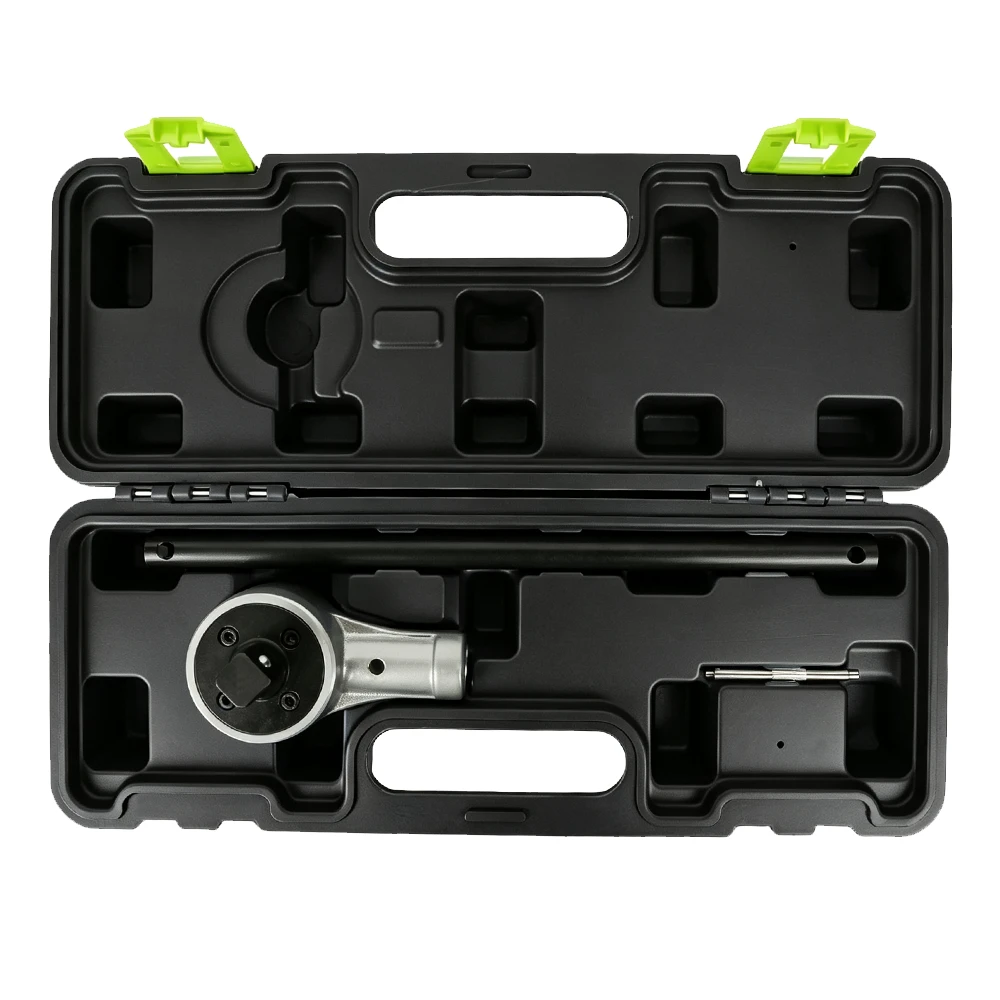 Heavy Duty Torque Multiplier Wrench 1500Nm 1 Open VIKTEC torque multiplier wrench set with reaction bar, extension handle and accessories arranged in a molded carrying case.