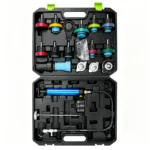 Open VIKTEC automotive cooling system pressure testing and vacuum refill kit with hand pump, gauge, hoses and color-coded radiator cap adapters.