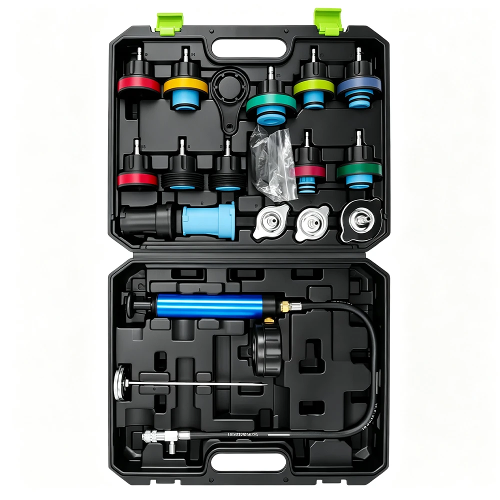 19PC Cooling System Pressure Tester Kit 3 Open VIKTEC automotive cooling system pressure testing and vacuum refill kit with hand pump, gauge, hoses and color-coded radiator cap adapters.