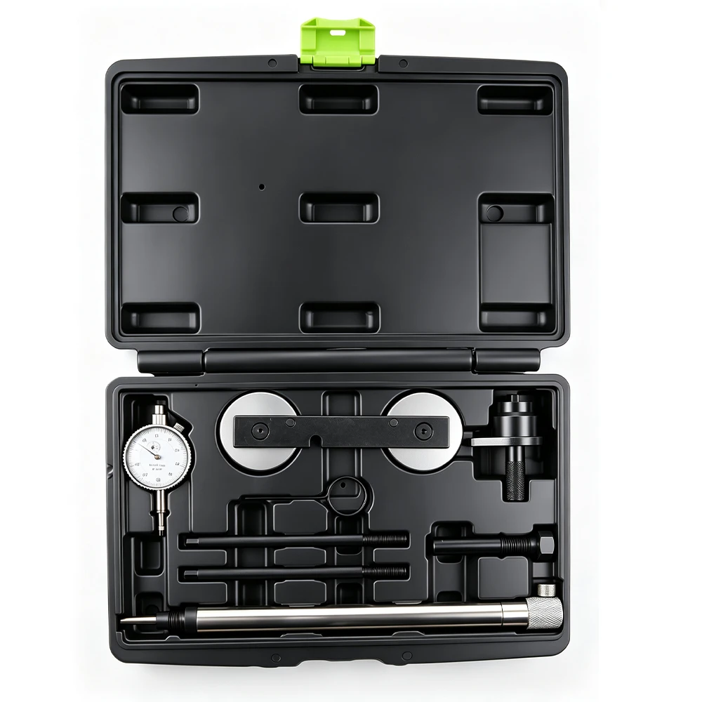 Open VIKTEC VT01887 kit d’outils de calage moteur VAG avec comparateur, plaques de réglage d’arbre à cames, goupilles de verrouillage et outils de réglage filetés pour moteurs VW et Audi compatibles 1.2, 1.4 et 1.6 FSI, TSI et TFSI.