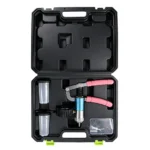 Hand-operated vacuum pump and brake bleeding kit with gauge, collection cups and hose adaptors in a blow mold case