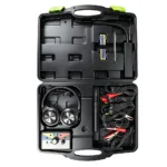 Open case containing a 6-channel electronic automotive stethoscope with headphones, probes, cables and control unit