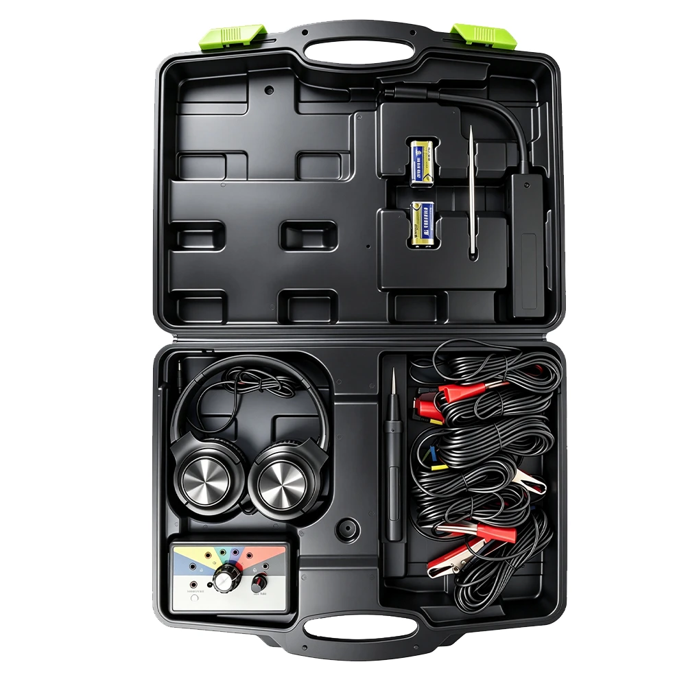 Kit de estetoscopio electrónico para motores para diagnóstico de ruidos automotrices 3 Estuche abierto que contiene un estetoscopio automotriz electrónico de 6 canales con auriculares, sondas, cables y unidad de control