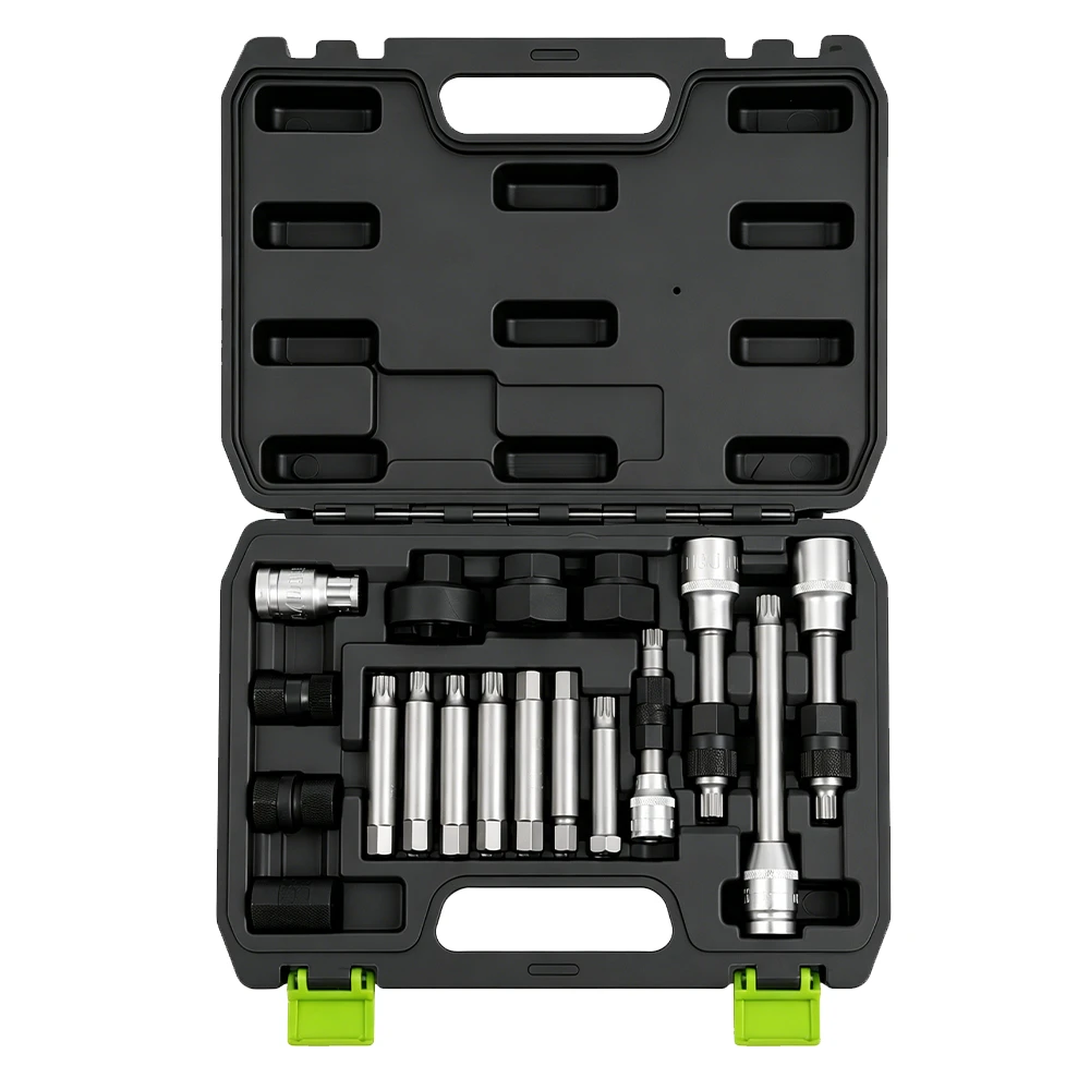Open blow mold case containing an 18PC alternator freewheel pulley removal socket and bit set