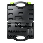 Open case containing a 14PC motorcycle brake piston removal set with slide hammer and multiple collet adaptors