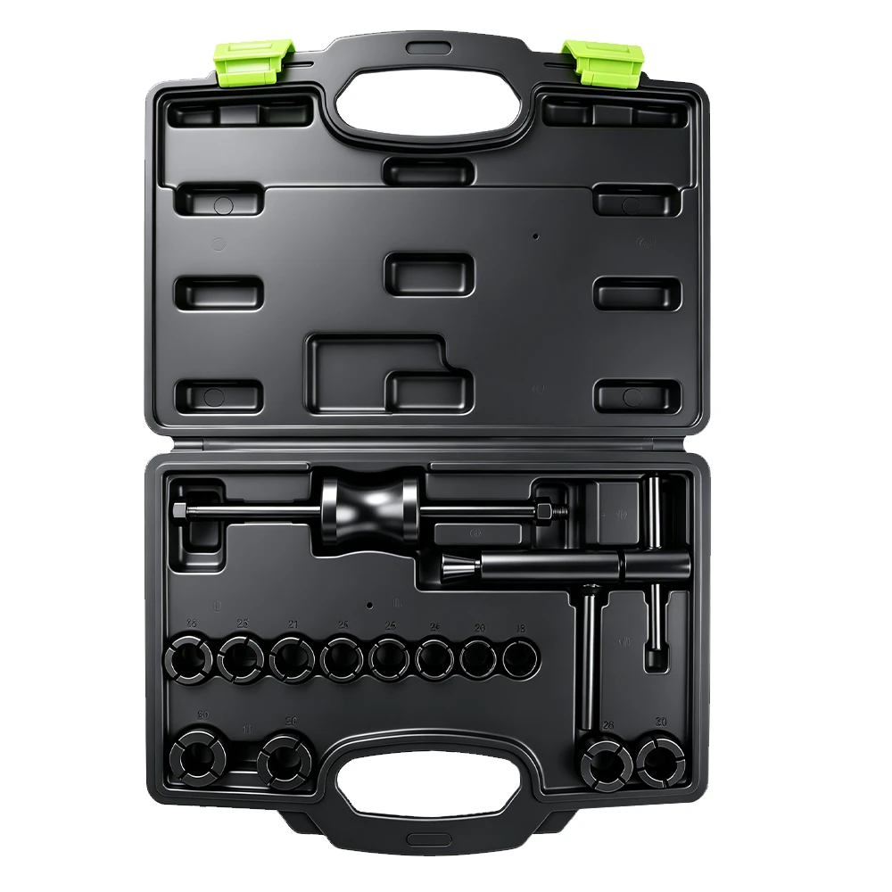 Open case containing a 14PC motorcycle brake piston removal set with slide hammer and multiple collet adaptors