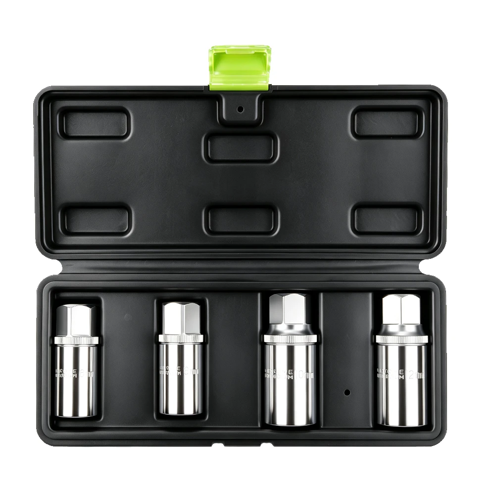 4PC Broken Stud Extractor Set for Broken Bolt Removal 4 Open case containing four VIKTEC stud extractor sockets in 6, 8, 10 and 12 mm sizes