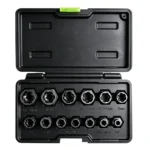 Open case containing 13 spiral bolt and damaged nut extractor sockets in metric and SAE sizes