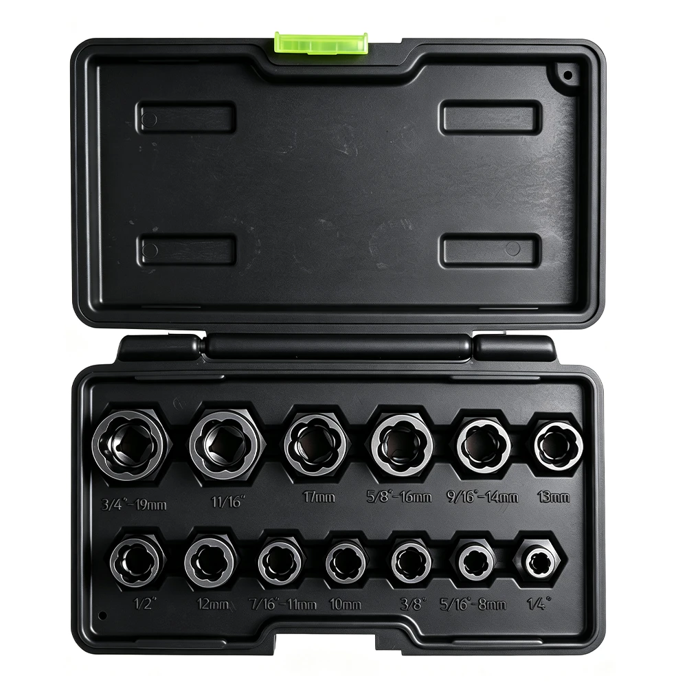 13PC Spiral Flute Nut Socket Set for Damaged Nut Removal 1 Open case containing 13 spiral bolt and damaged nut extractor sockets in metric and SAE sizes