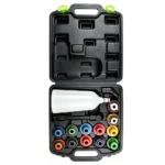 Open case containing an engine oil filling funnel with 14 color-coded threaded filler adapters