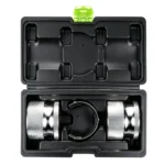 Open case containing a universal adjustable motorcycle fork seal driver for 39 to 50 mm conventional and inverted forks