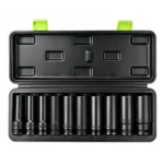 Open case containing 10 VIKTEC 1/2 inch drive deep impact sockets in metric sizes from 10 to 24 mm