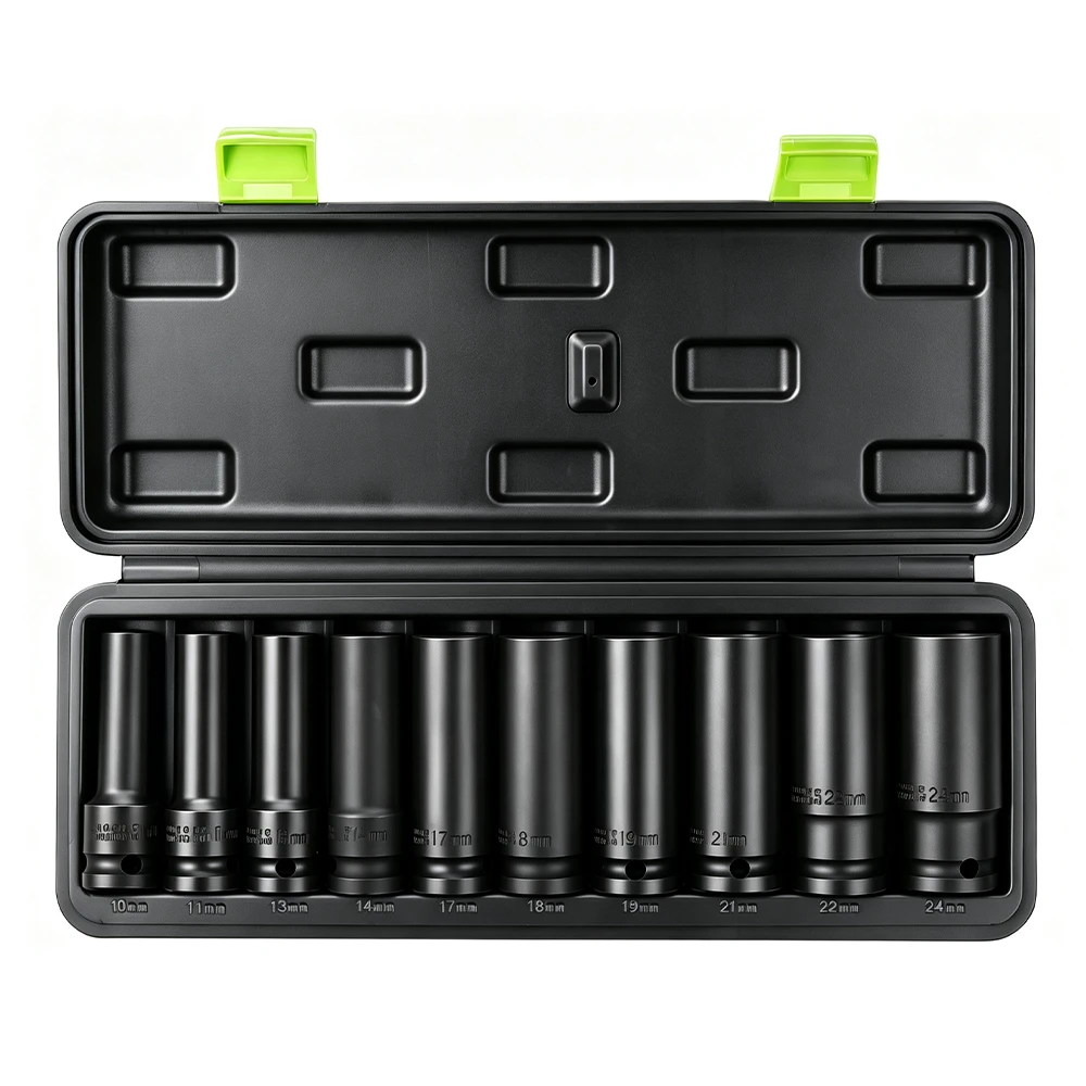 Juego de vasos de impacto profundos métricos de 10 piezas 10–24 mm 4 Estuche abierto que contiene 10 vasos de impacto profundos VIKTEC de 1/2 pulgada, en medidas métricas de 10 a 24 mm