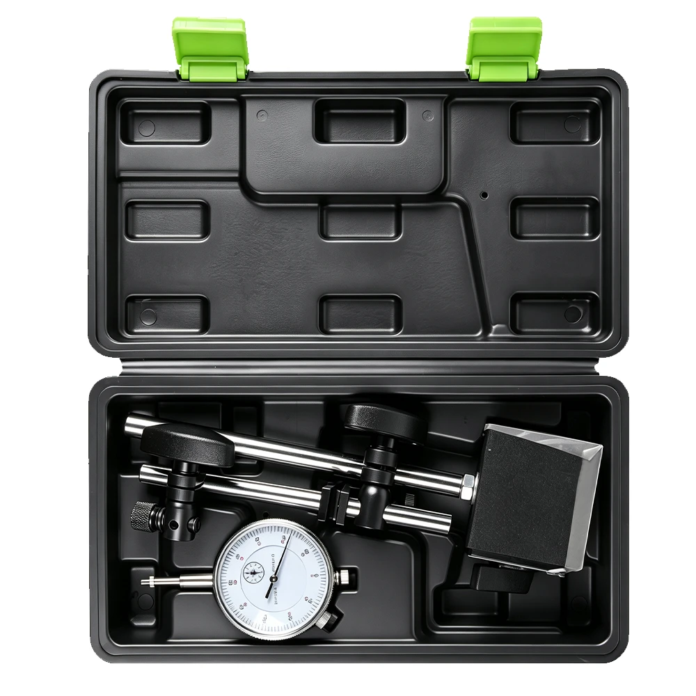 Ensemble de 2 pièces de comparateur à cadran avec base magnétique 0–1in 1 Mallette de transport ouverte contenant un comparateur à cadran de 0–1 inch, une base magnétique réglable et des tiges de support pour l'inspection de précision.