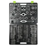 Open carrying case containing the VIKTEC 110-piece metric tap and die set with taps, dies and thread-cutting holders.