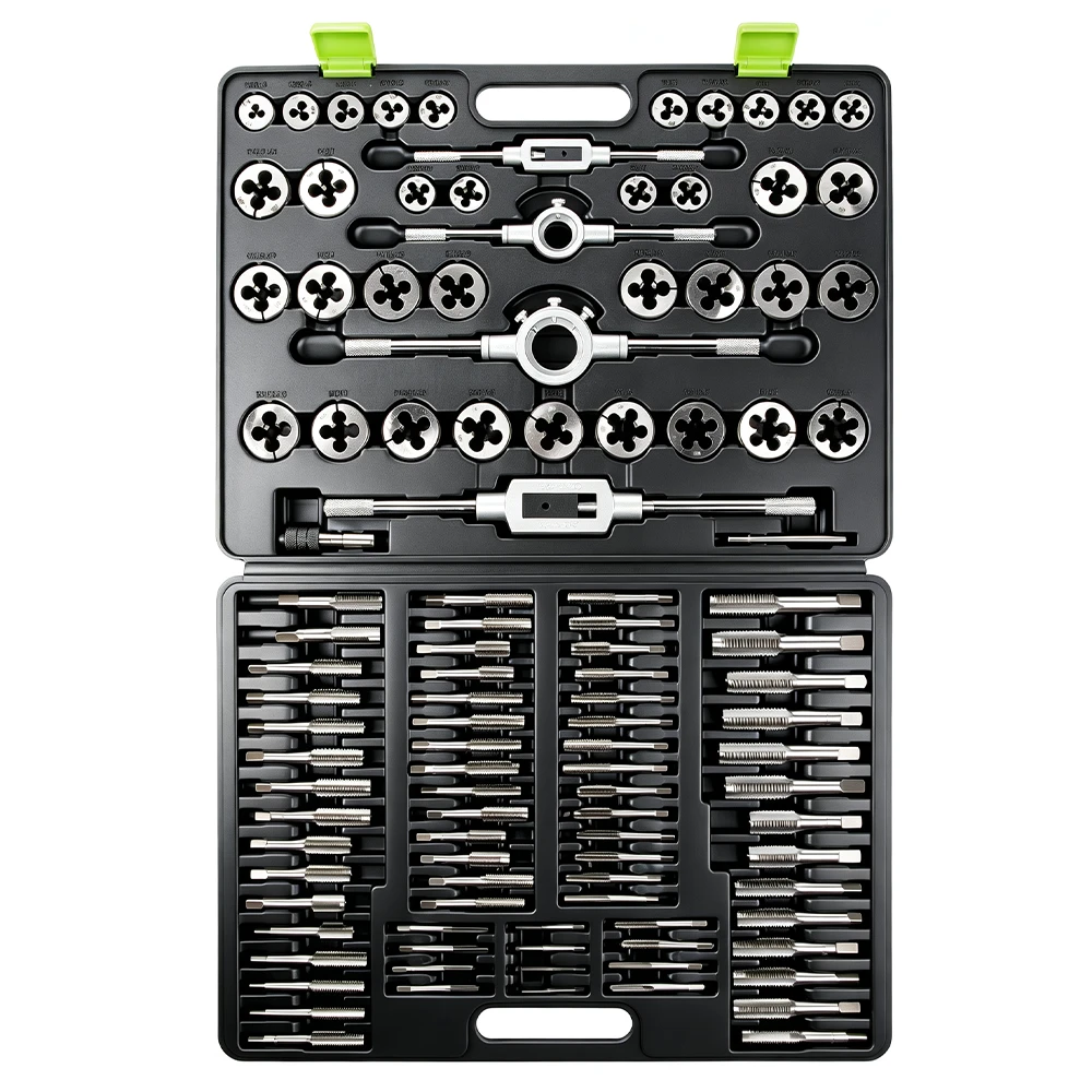 Juego métrico de machos y terrajas de 110 piezas M2–M18 5 Estuche de transporte abierto que contiene el juego métrico de machos y terrajas VIKTEC de 110 piezas con machos, terrajas y portaherramientas de corte de rosca.