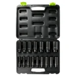 Open case containing 16 VIKTEC 1/2-inch drive metric deep impact sockets with a black protective finish.