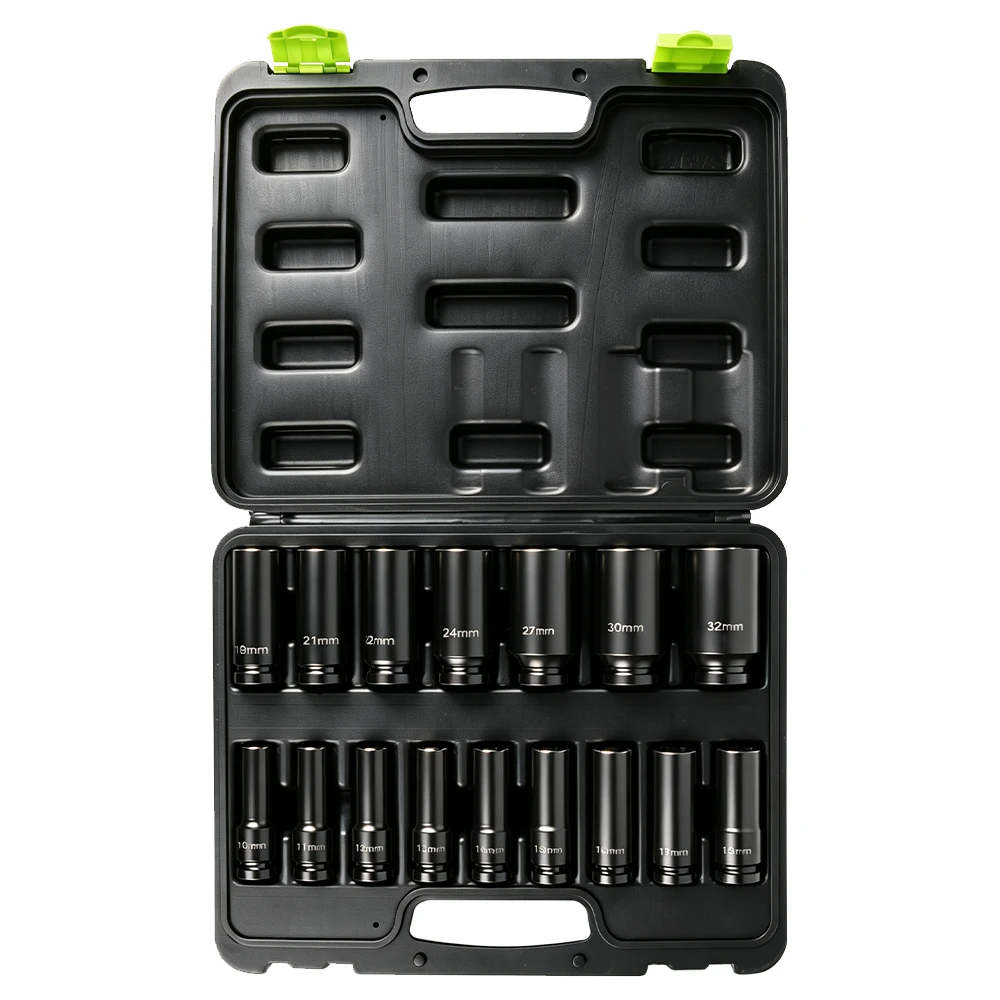 Jeu de douilles à chocs profondes 6 pans, 16 pièces, à entraînement 1/2in 1 Boîtier ouvert contenant 16 douilles à chocs profondes métriques VIKTEC à entraînement 1/2-inch avec finition protectrice noire.