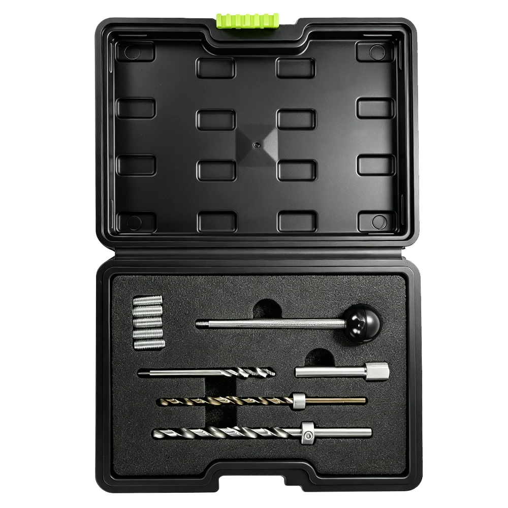 Kit de reparo de rosca do parafuso do injetor Mercedes CDi 6 Estojo aberto forrado com espuma contendo um kit de reparo de rosca do parafuso de fixação do injetor com 10 peças, com ferramentas de perfuração, guias, insertos e alça de instalação para motores Mercedes-Benz.