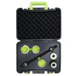 Open blow mold case containing a threaded spindle and multiple press adapters for removing and installing bushings on Model 3 and Model Y vehicles.