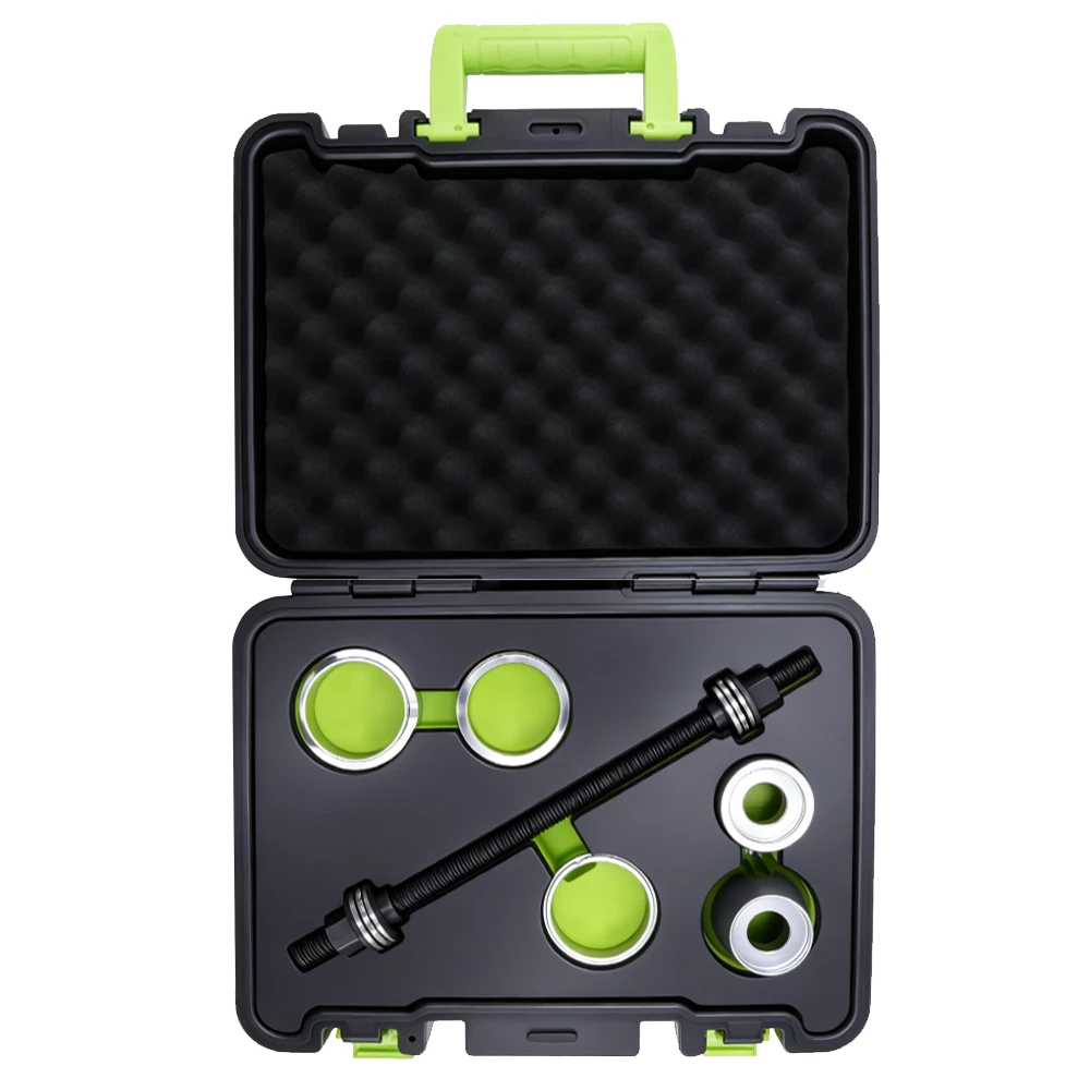Kit de herramientas para extracción de bujes para Tesla Model 3 y Model Y 4 Estuche moldeado por soplado abierto que contiene un husillo roscado y varios adaptadores de prensa para retirar e instalar bujes en vehículos Model 3 y Model Y.