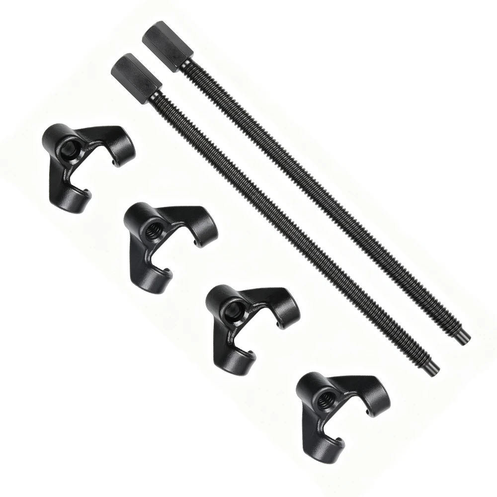 Jeu de compresseurs de ressort hélicoïdal 370mm pour l’entretien de la suspension 6 Jeu d’accessoires de compresseur de ressort de soupape VIKTEC avec quatre adaptateurs à crochet et deux longues tiges de pression filetées sur fond blanc.