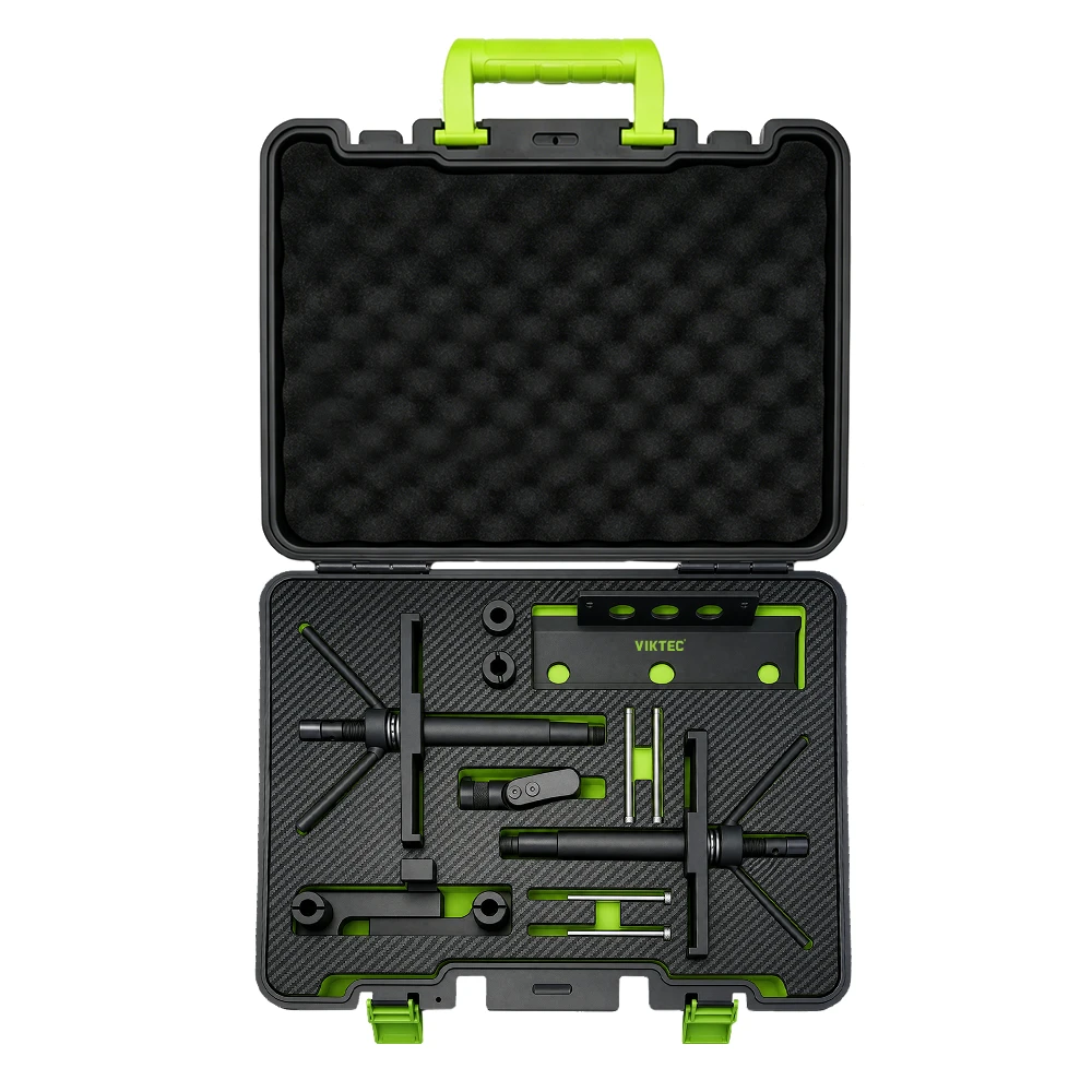 Volvo Camshaft Crankshaft Alignment Tool Set 1 Open VIKTEC camshaft and crankshaft alignment tool kit for Volvo engines, arranged in a foam-lined carrying case.