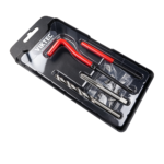 VIKTEC thread repair kit with installation tools, drill bit, tap and coiled wire inserts arranged in retail blister packaging.