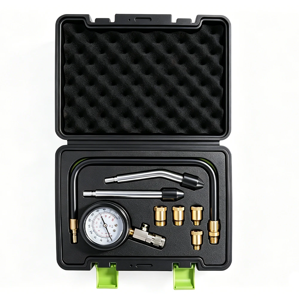 Universal Petrol Engine Compression Test Kit 1 VT01053H 8-piece petrol engine compression tester kit with dual-scale gauge, flexible hose, push-on connectors and threaded adapters in an open carrying case