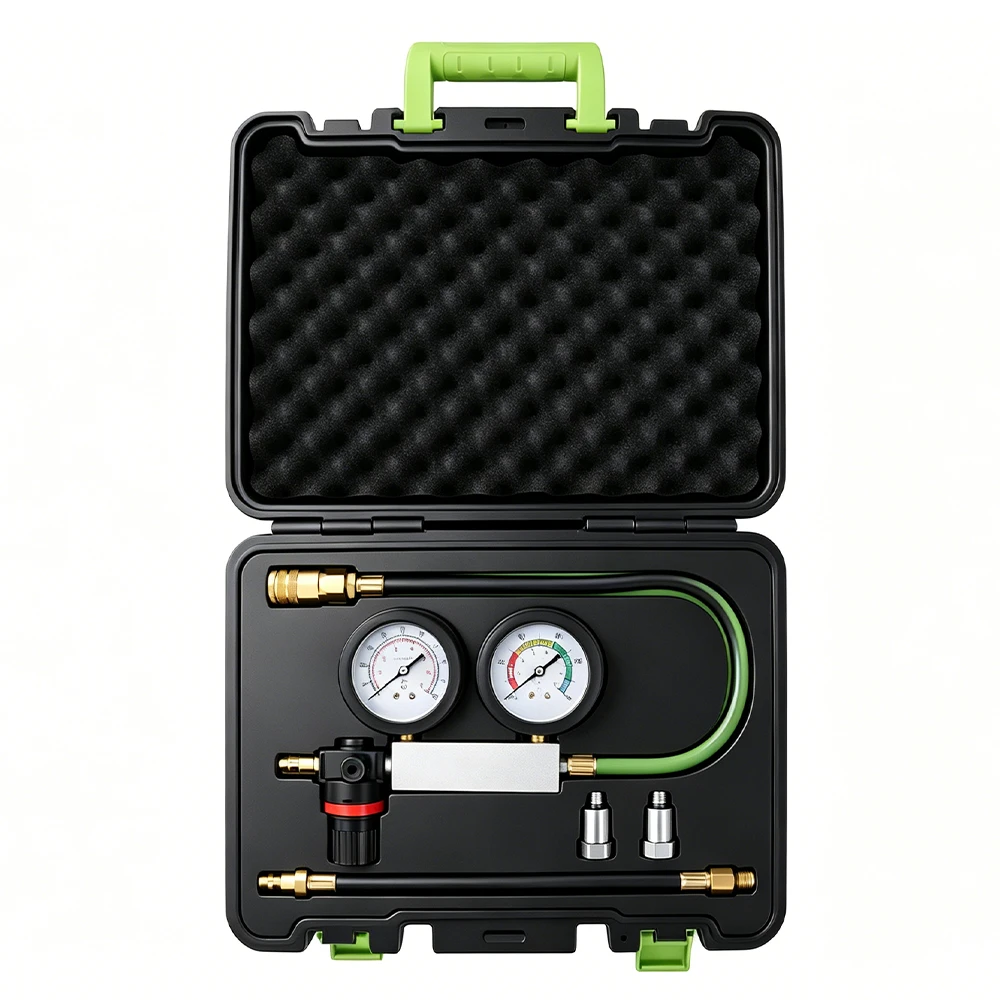 VT01060D cylinder leak detector kit with dual gauges, pressure regulator, hoses and 10 mm, 12 mm and 14 mm spark plug adapters in an open carrying case