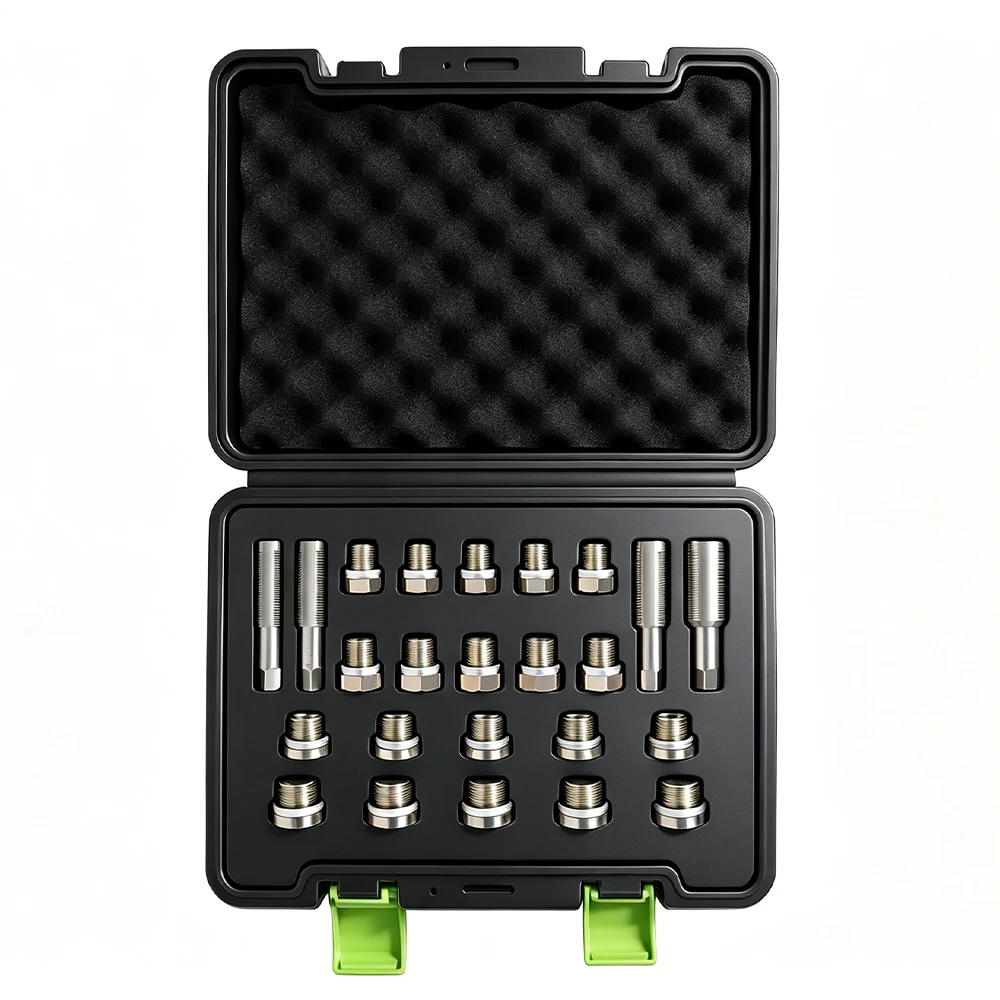 Oil Sump Drain Plug Thread Repair Tool Set 6 VT01072F oil drain plug thread repair kit with M13, M15, M17 and M20 taps and replacement drain plugs arranged in an open carrying case
