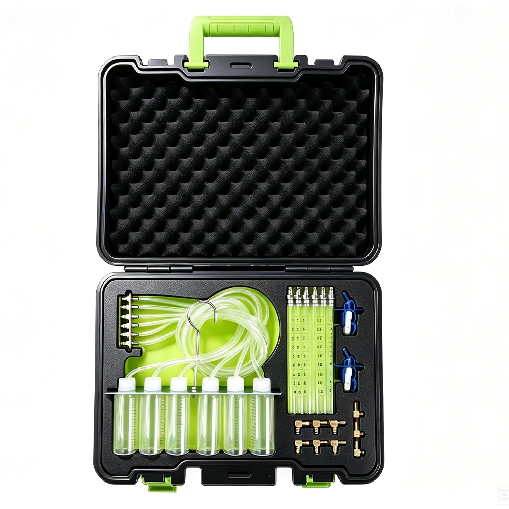 Diesel Injector Leak-Off Test Kit with Adapters 1 VT01191H common rail diesel injector return flow tester with six measuring bottles, six graduated tubes, hoses and injector adapters in an open carrying case