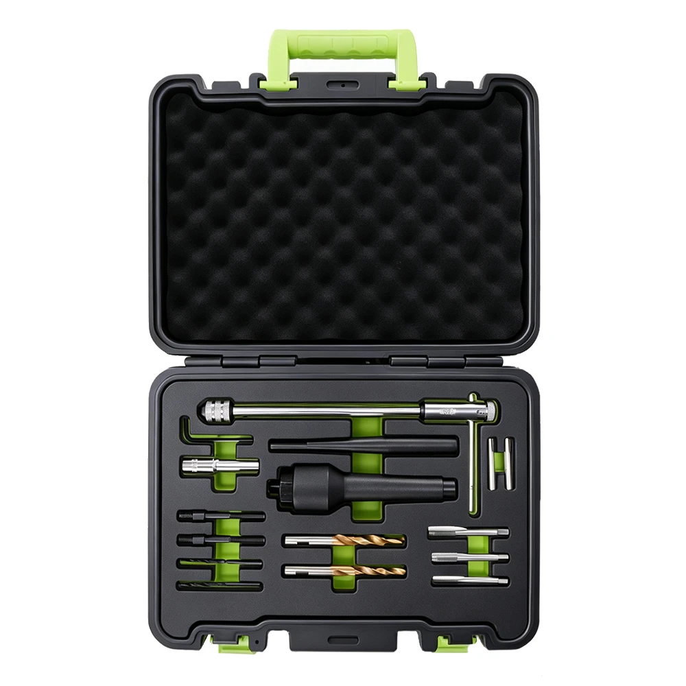 VT01552 16PC broken glow plug removal tool set with drilling, centering, tapping and pulling tools for 8 mm and 10 mm glow plugs in an open case