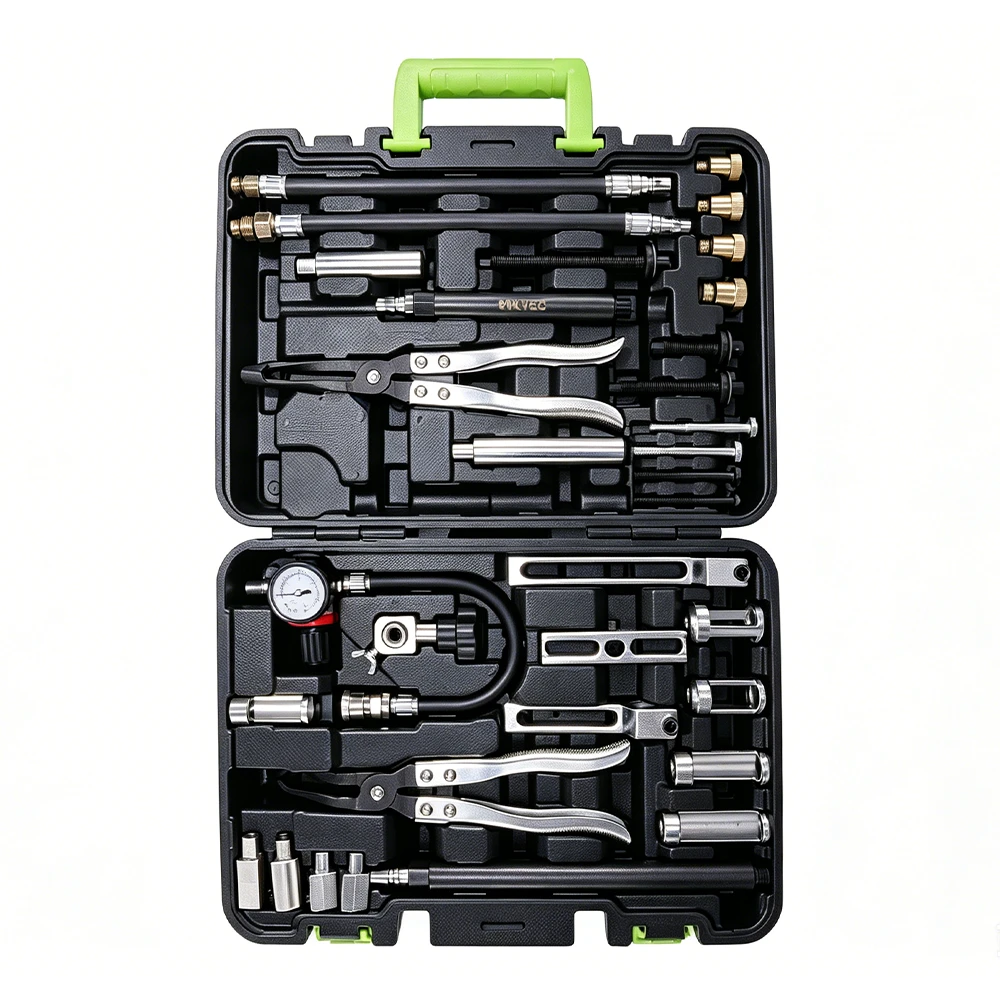 Universal Valve Spring Compressor Tool Set for Engine Repair 1 VT01795D universal valve spring remover and installer kit with compression tools, pliers, adapters and valve stem seal service accessories in an open carrying case