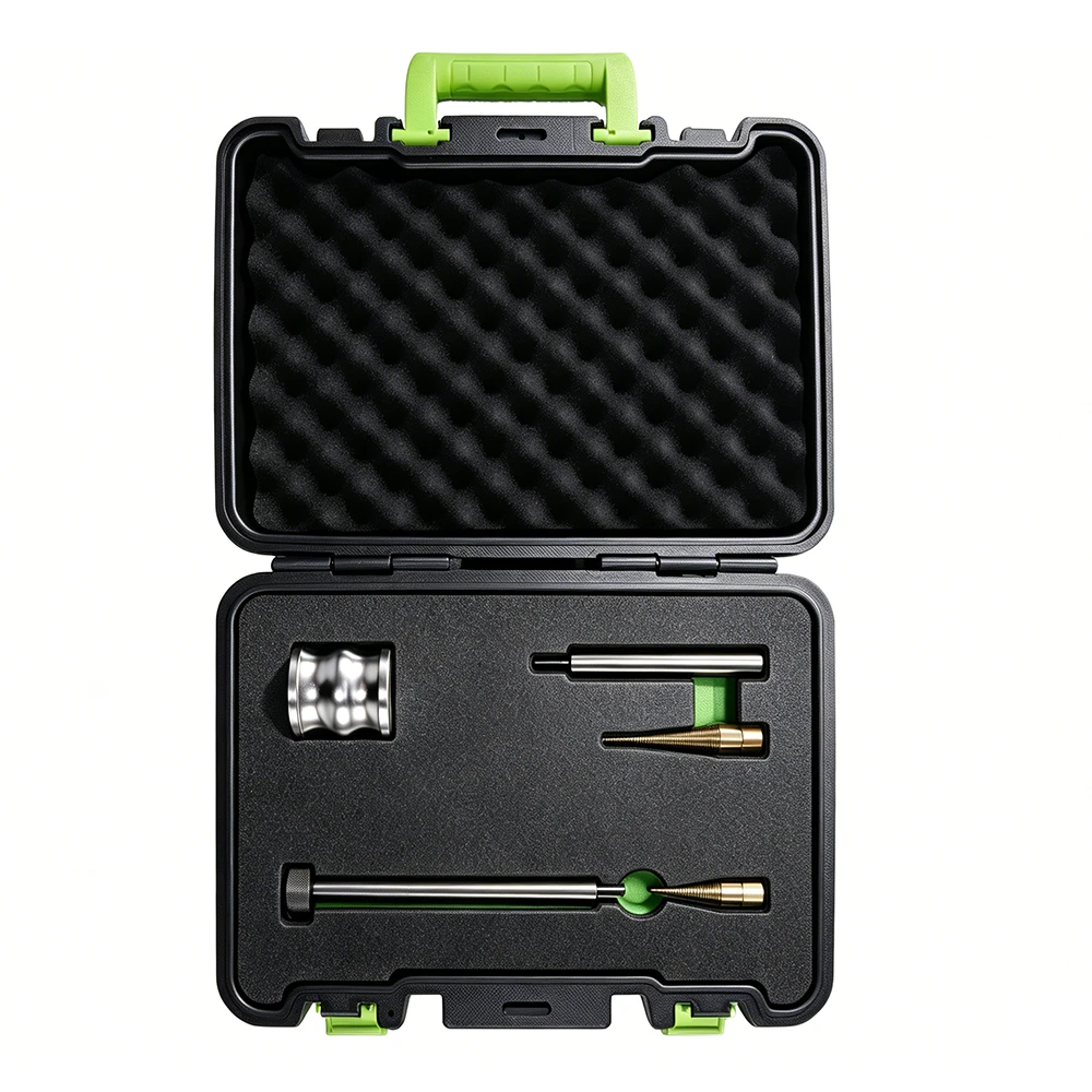 Injector Washer Removal Tool Set with Replaceable Adapters 6 Fuel injector removal kit with replaceable conical adapters and extension tools for rotating and pulling slightly stuck or scaled injectors in a foam-lined case