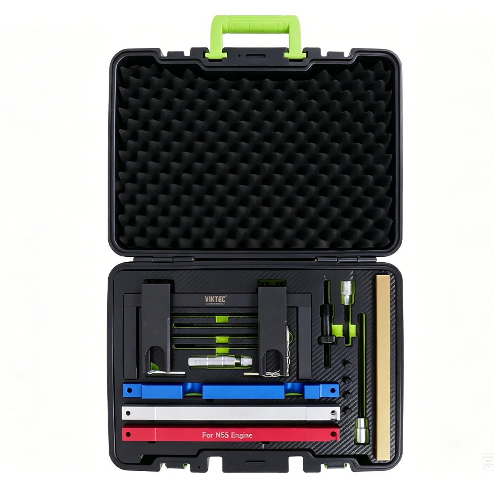 BMW N51 N52 N53 N54 N55 Timing Tool Set with Spark Plug Socket 6 VT01812F BMW N51 N52 N53 N54 N55 engine timing tool kit with camshaft alignment plates, locking tools and spark plug sleeve in an open carrying case