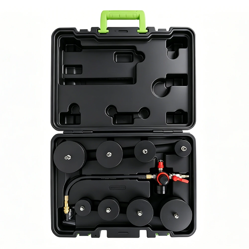 Turbocharger System Leakage Tester for Automotive Repair 6 VT14115B 9PC turbocharger system leakage tester kit with dual gauges, pressure regulator, air hose and eight stepped adapters in an open carrying case