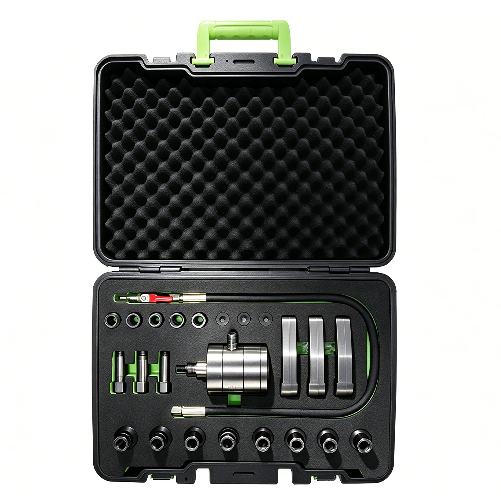 Diesel Fuel Injector Puller Tool Set for Engine Repair 3 VT18269C 25-piece pneumatic diesel injector puller kit with air impact tool, injector adapters, VM hooks and hose in an open carrying case