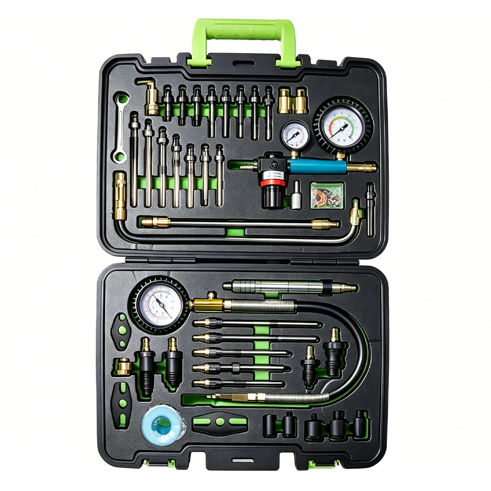 46PC Engine Compression and Leak Tester Master Kit 2 VT18343B 46-piece petrol and diesel engine compression and cylinder leak tester kit with gauges, hoses and adapters in an open carrying case