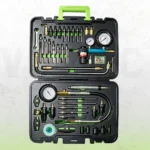 Professional petrol and diesel engine compression and leak-down tester set with dual gauges, quick-connect hoses and multiple injector adapters in a storage case