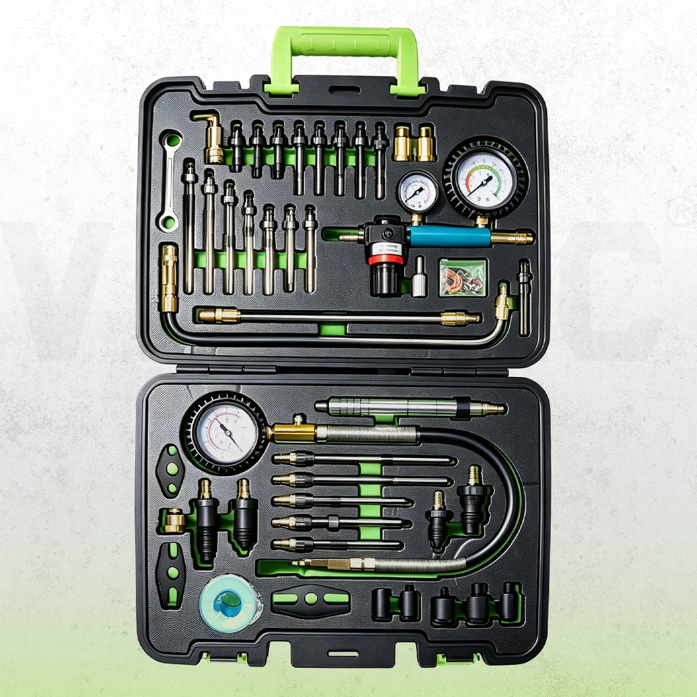 Professional petrol and diesel engine compression and leak-down tester set with dual gauges, quick-connect hoses and multiple injector adapters in a storage case