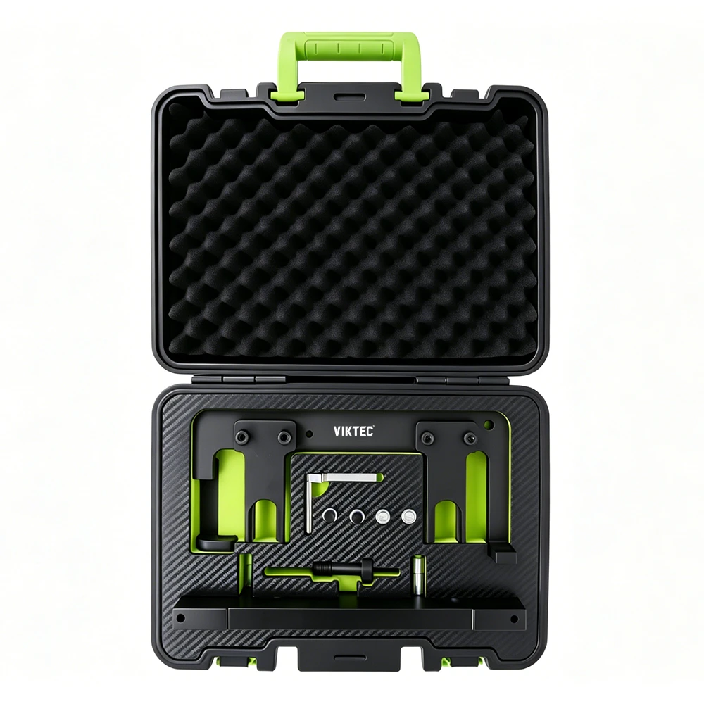 VTN1105C BMW N20 and N26 4-cylinder turbo engine timing tool kit with camshaft alignment fixture, locking rail and timing pins in an open carrying case
