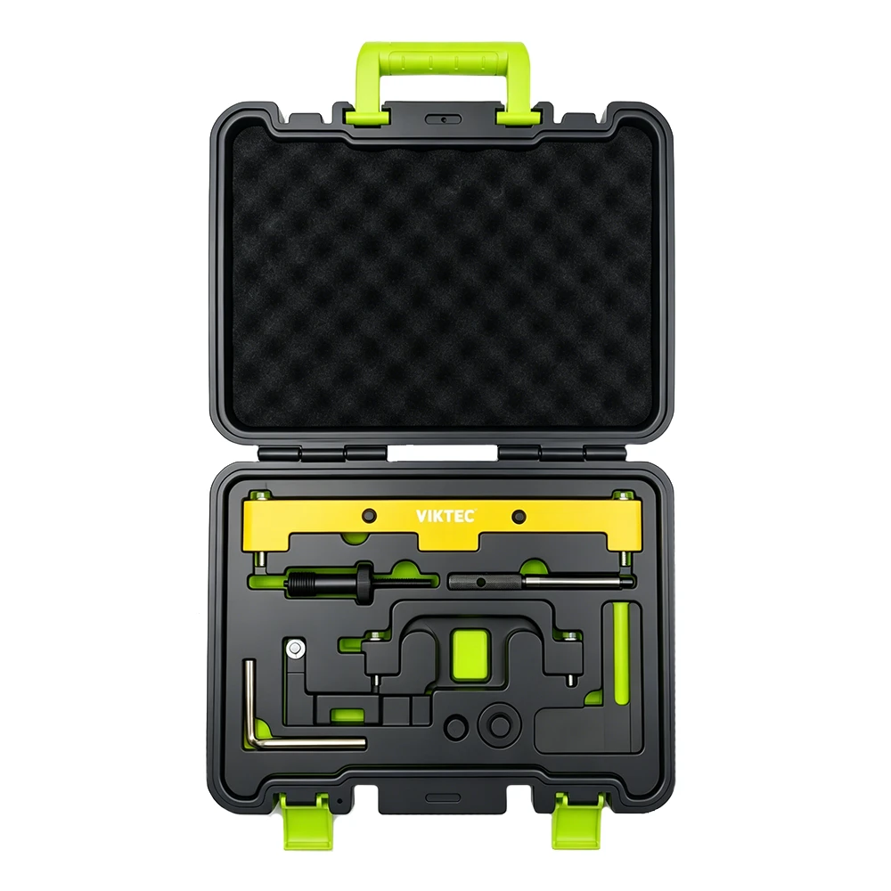BMW N42 N46 N46T timing tool set 6 VTN1124 BMW N42 N46 and N46T engine timing tool kit with camshaft alignment bridge, locking tools and timing pins in an open carrying case