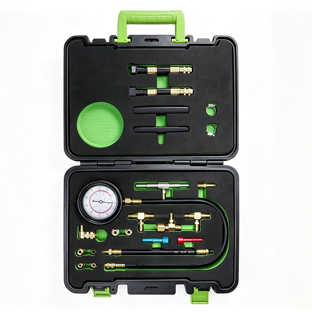 Automotive A/C Pressure Test Kit for Air Conditioning Diagnosis 5 VTS1001 fuel injection pressure tester kit with 0–100 PSI gauge, hoses, quick connectors and adapters in an open carrying case