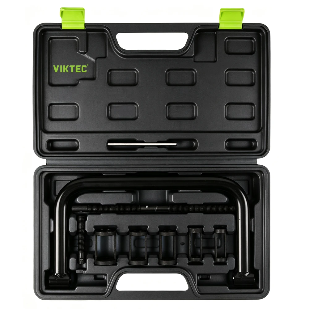 Universelles Ventilfederspanner-Werkzeugset für obenliegende Ventile 4 VIKTEC Ventilfederspanner-Werkzeugsatz mit U-Rahmen-Spanner, Adaptern und Einstellschrauben im Koffer
