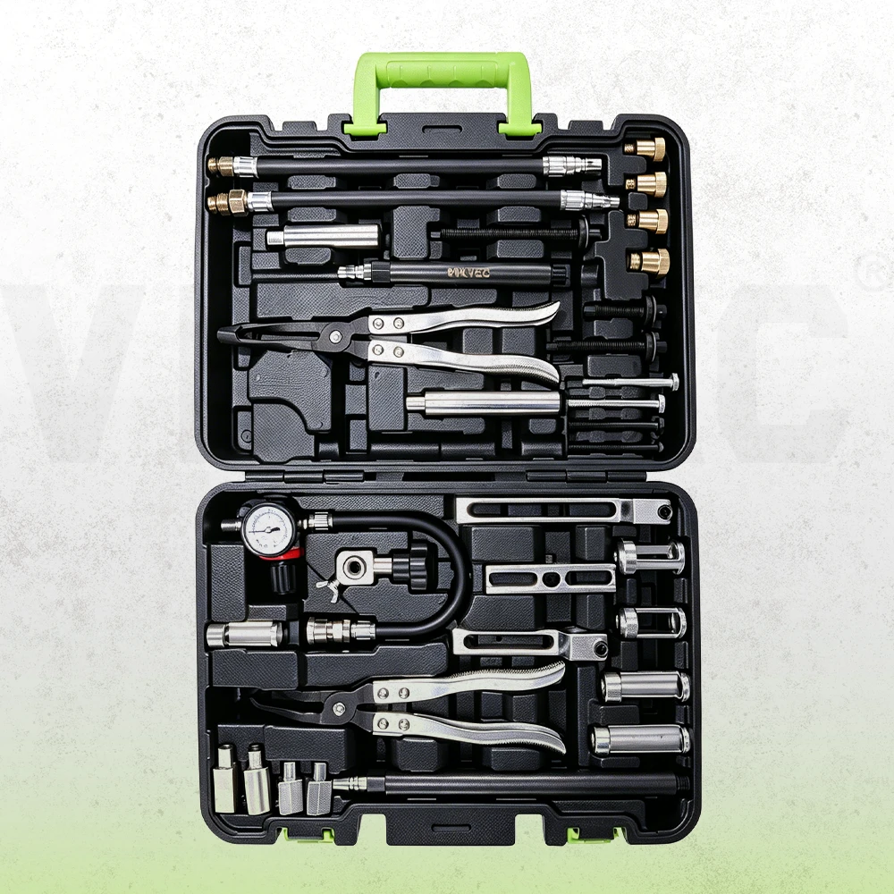 Universal valve spring and valve stem seal removal and installation tool set for selected Mercedes-Benz, BMW, Volkswagen, Audi, Mitsubishi and Honda engines in a storage case