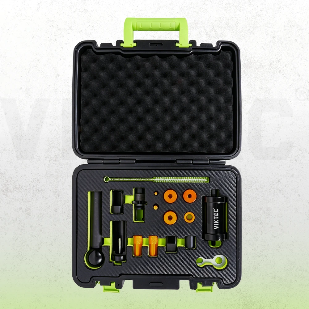 VAG gasoline direct injection fuel injector puller and installer set with seal fitting tools, adapters and cleaning brush for FSI and TSI engines in a foam-lined case