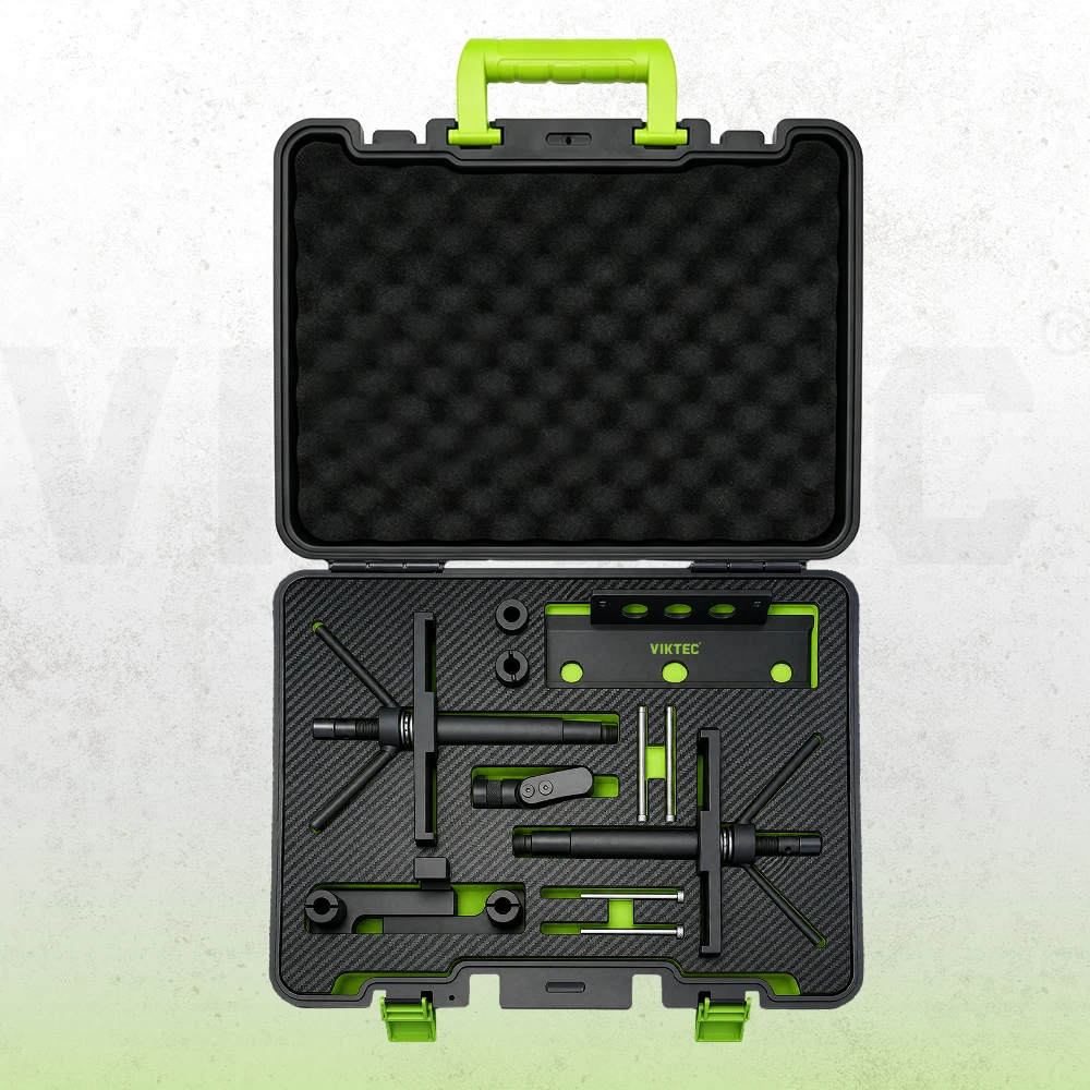 VIKTEC Volvo engine camshaft and crankshaft alignment tool set with locking and adjustment components in an open storage case.
