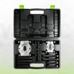 Bearing separator puller kit arranged inside a black storage case with green latches.
